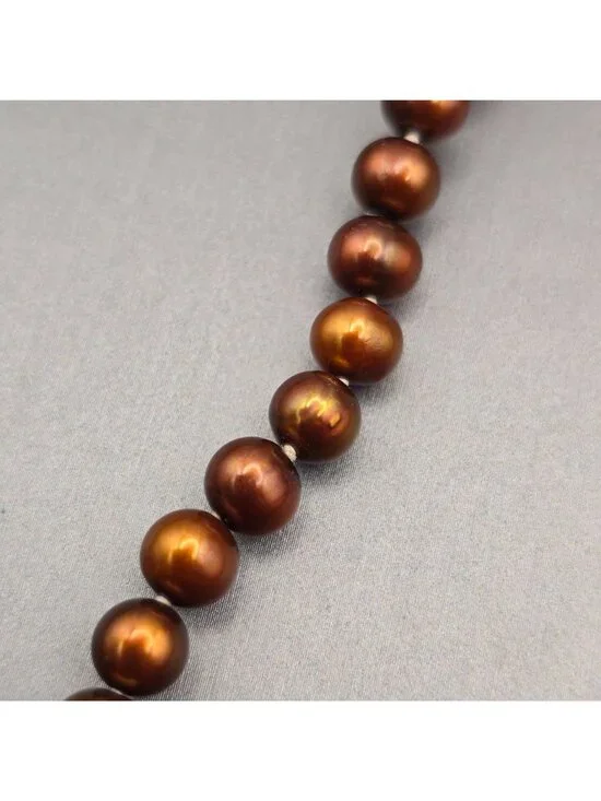 Vintage Bronze Cultured Pearl Necklace 10K Yellow Gold Clasp Hand Knotted 16" - Picture 4 of 10